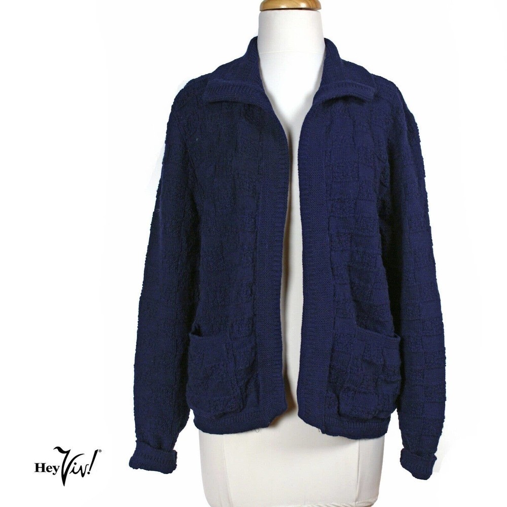 Vintage Deadstock Navy Blue Cardigan Sweater w Collar & Pockets Size L - Hey Viv